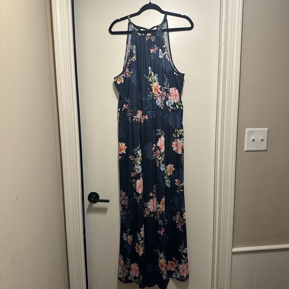 Women’s Navy Colorful Floral Halter Maxi Long Dress Size XXL